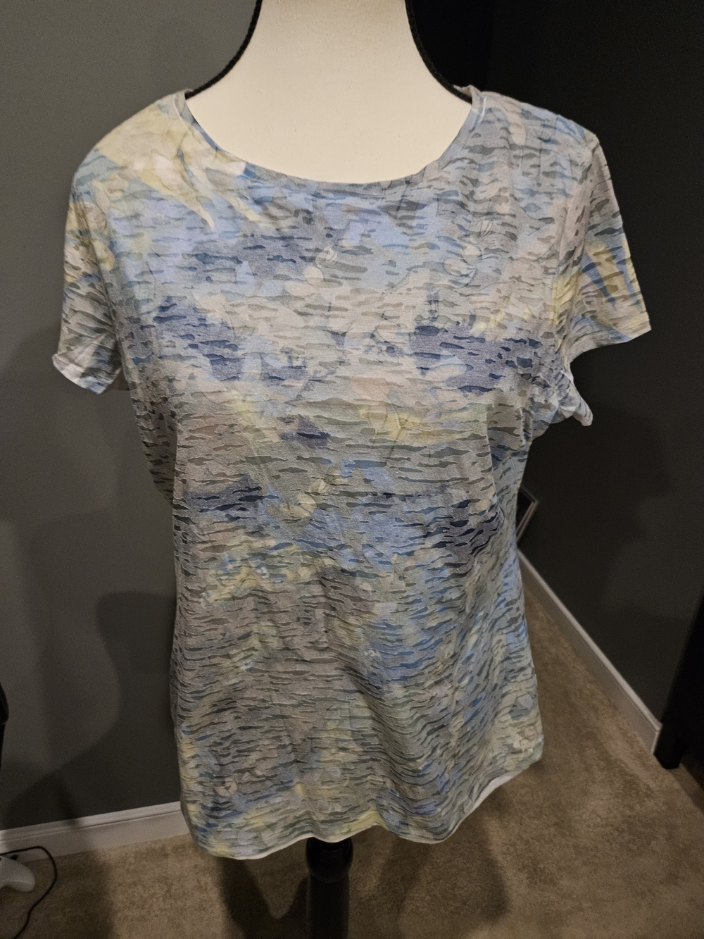 Coldwater Creek Pastel Blue Multi-Print Short Sleeve Tee Euc